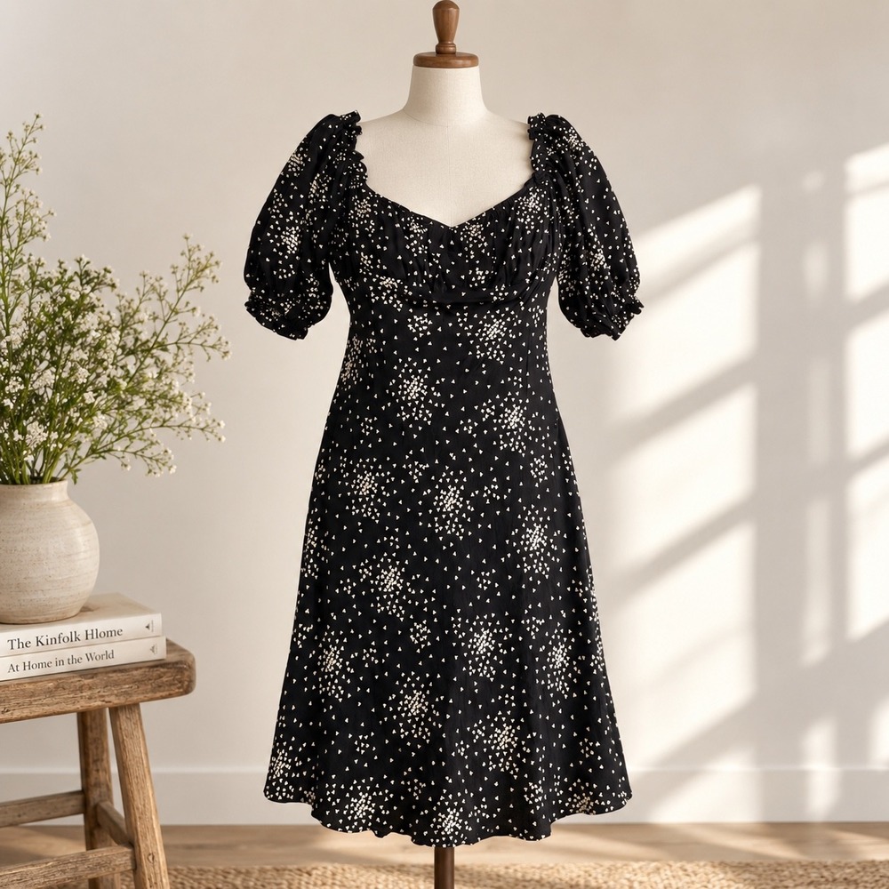 By Anthropologie Juliet Heart Puff Sleeve Dress Black L Dark Coquette Milkmaid